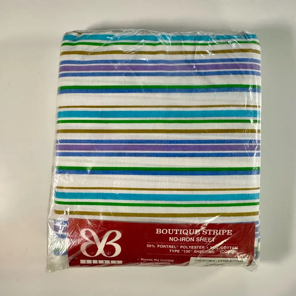 VTG BIBB New Old Stock Boutique Stripe Cotton Blend Double Fitted Bottom Sheet